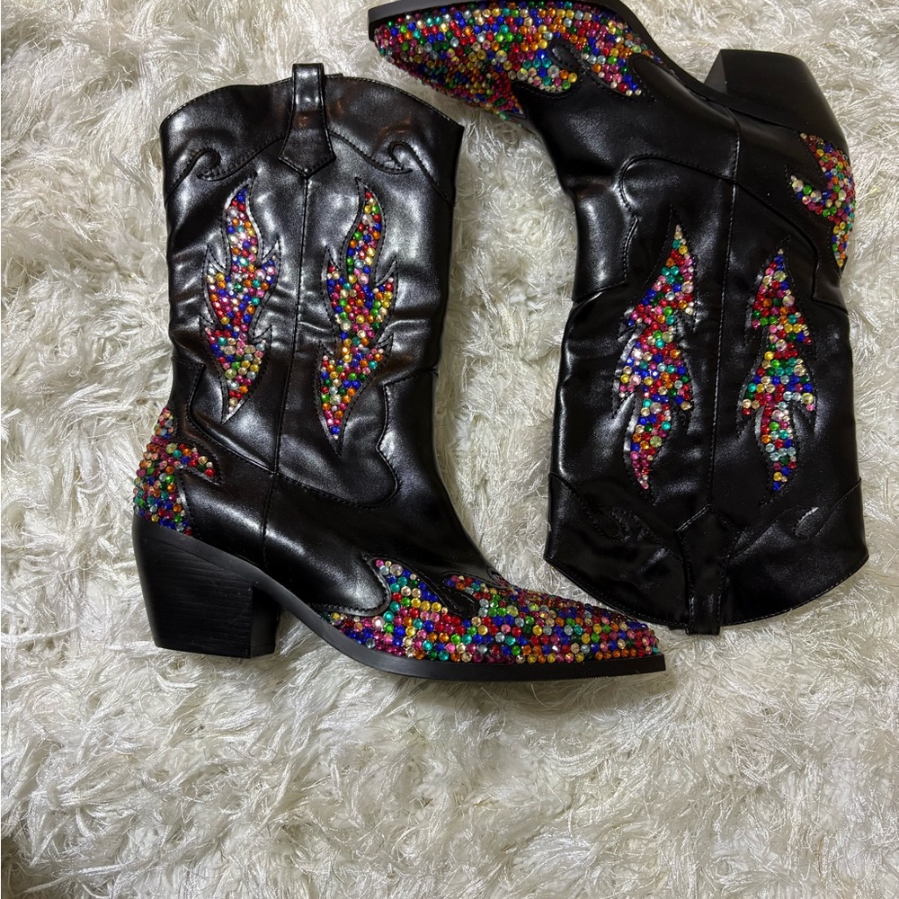 Black Floral Heeled Boots with Western Charm